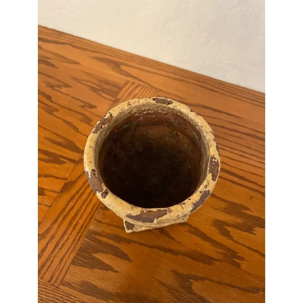 Rustic Terracotta Footed Cachepot with Raku Glaze in Muted Butter Color
